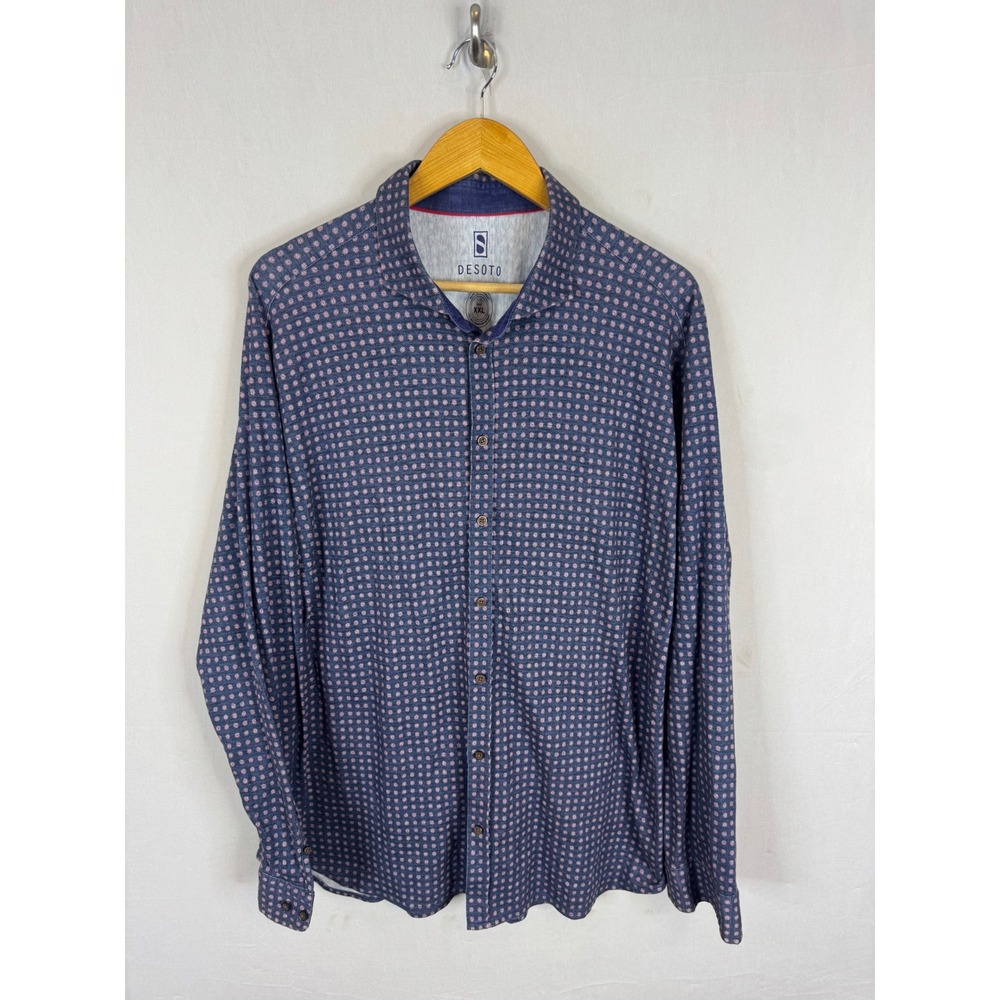 Desoto Mens XXL Blue Pink Geometric Floral Knit Long Sleeve Button Down Shirt
